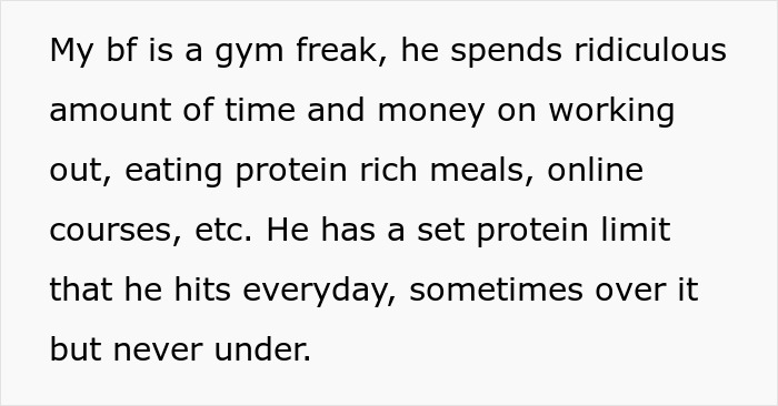 Text about a gym freak boyfriend focused on protein intake and working out, describing his strict protein limit.