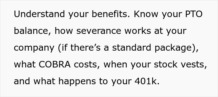 Text explaining employee benefits, PTO, severance, COBRA costs, stock vesting, and 401k related to job safety red flags. Text explaining employee benefits, PTO, severance, COBRA costs, stock vesting, and 401k related to job safety red flags.