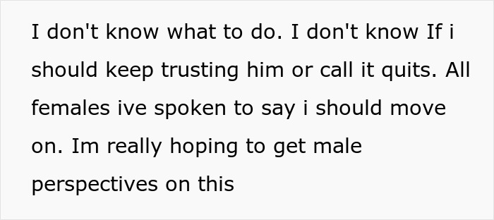 Text expressing confusion about trusting an unemployed husband to pay bills, seeking male perspectives on the situation.