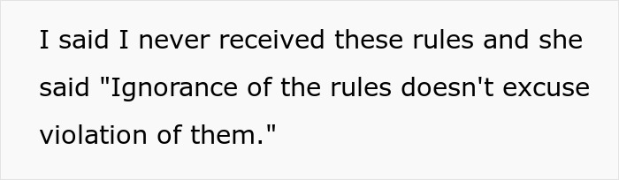Text from a woman explaining she never received HOA rules and was told ignorance of rules is not an excuse for violation. Text from a woman explaining she never received HOA rules and was told ignorance of rules is not an excuse for violation.