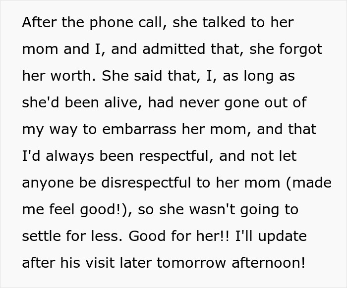 Text conversation about being respectful to mom and updating after a visit, highlighting guy wearing inappropriate shirt as a dare at dinner.