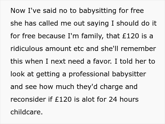 Text excerpt about a lady expecting her sister to babysit four kids for free, using the family card argument.