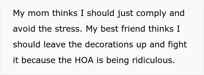 Text excerpt about a woman debating whether to comply or fight her HOA over Christmas decorations and fines. Text excerpt about a woman debating whether to comply or fight her HOA over Christmas decorations and fines.