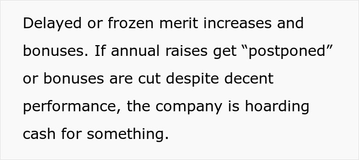 Delayed or frozen merit increases and bonuses as subtle red flags that mean your job is actually not safe at all. Delayed or frozen merit increases and bonuses as subtle red flags that mean your job is actually not safe at all.