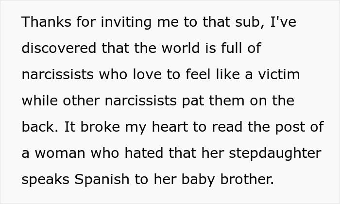 Text about narcissists and a stepmother&rsquo;s behavior, highlighting insecurity about a kid and true colors revealed.