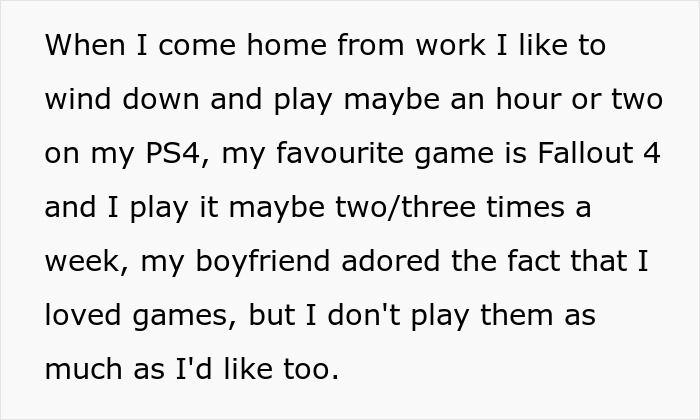 Text about girlfriend playing video games to unwind while boyfriend mocks it as not ladylike on a PS4 console.