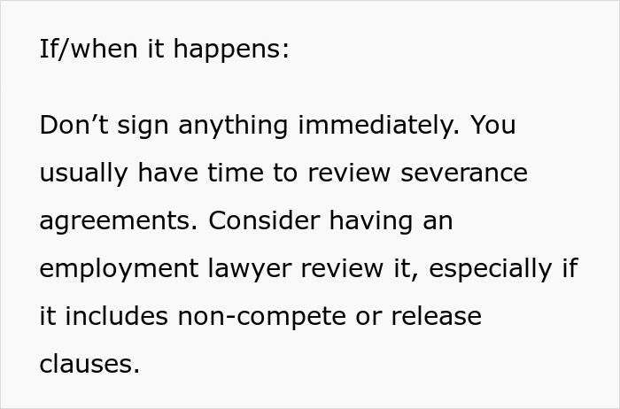 Text advising not to sign severance agreements immediately and to review job safety red flags carefully with a lawyer. Text advising not to sign severance agreements immediately and to review job safety red flags carefully with a lawyer.