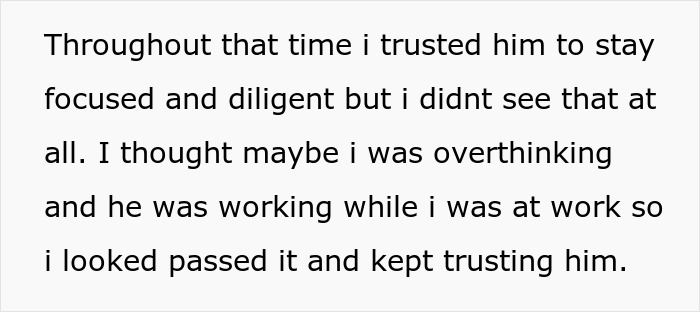 Alt text: Text about trust issues with an unemployed husband struggling to pay bills and stay diligent while the wife works.
