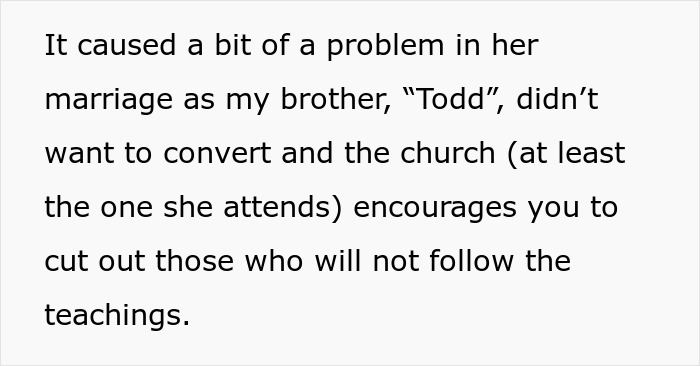 Text excerpt discussing family conflict involving a Jehovah's Witness mom and church teachings on conversion.