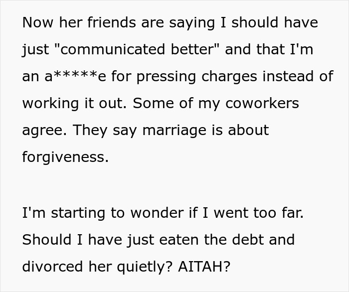 Text excerpt about marriage troubles after wife treats husband as ATM machine, sparking questions on forgiveness and debt.