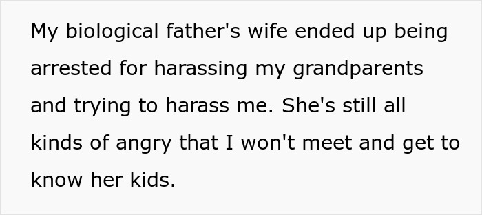 Text about refusing to establish relationship with fathers' kids amid family harassment and anger issues.