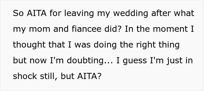 Text post questioning if leaving a wedding after discovering groom cheated with bride&rsquo;s mom was the right decision.
