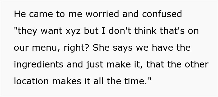 Text of a message describing confusion over menu items as part of an entitled waitress story involving staff serving a revenge dish. Text of a message describing confusion over menu items as part of an entitled waitress story involving staff serving a revenge dish.