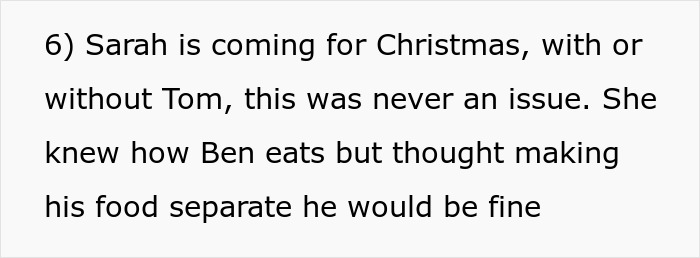 Text excerpt showing a picky eater demanding brother&rsquo;s in-laws change the Christmas menu to accommodate him.