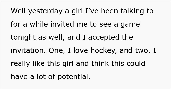 Text excerpt describing a girl inviting someone to a hockey game, related to babysit sister kids hockey.