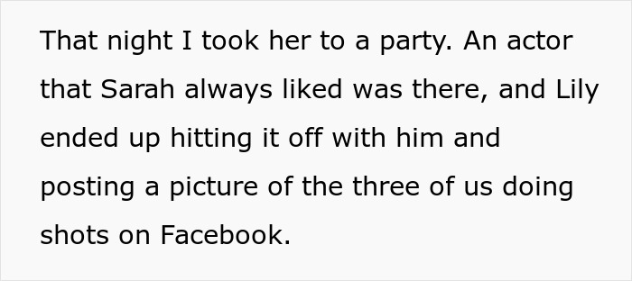 Text excerpt about a party scene involving an actor Sarah liked and Lily posting on Facebook.