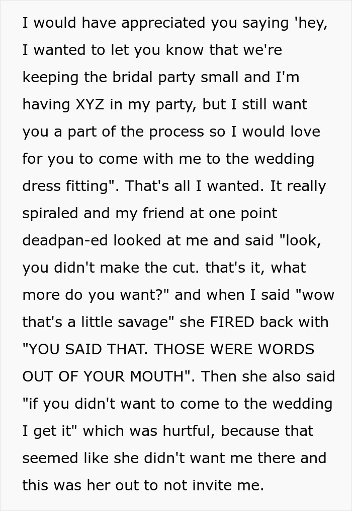 Text excerpt describing a painful friendship wake-up call during a wedding dress fitting and bridal party exclusion. Text excerpt describing a painful friendship wake-up call during a wedding dress fitting and bridal party exclusion.