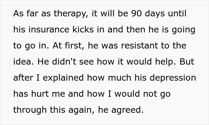 Text excerpt about therapy and depression, describing resistance to change and agreement after expressing emotional impact.