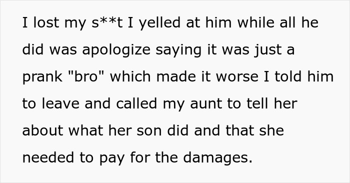 Text excerpt showing a man demanding cousin pay for his cruel prank and mentioning the aunt&rsquo;s shocking reaction.