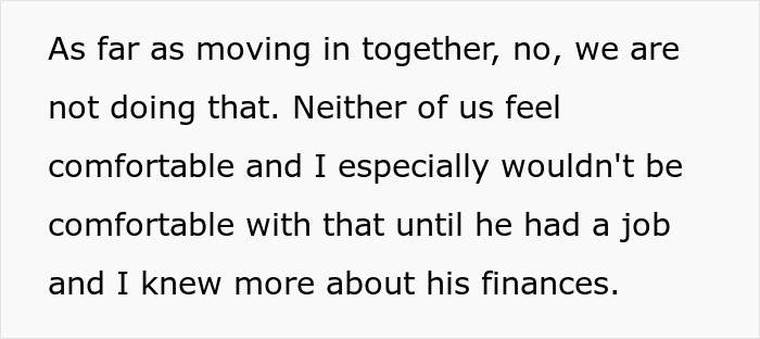 Text excerpt discussing a woman&rsquo;s concerns about moving in with her boyfriend due to trust and financial issues.