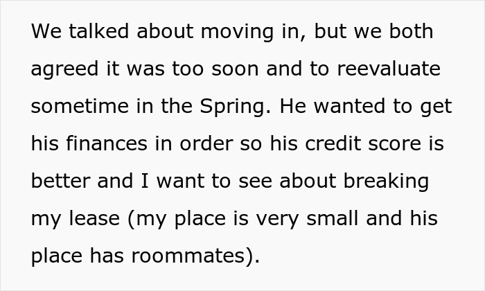 Text excerpt discussing a woman and her boyfriend planning to move in, with mention of finances and lease concerns.