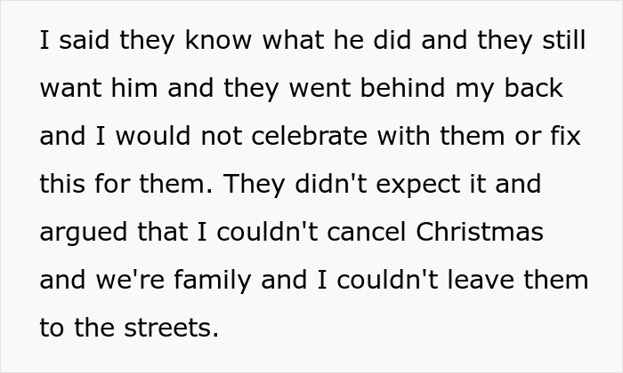Text discussing a guy kicking siblings out after they share a surprise plan, involving family conflict and Christmas cancellation.