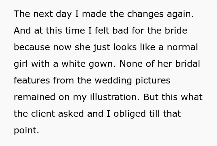 Text excerpt describing changes made to a wedding illustration, focusing on making the bride look normal instead of ugly.
