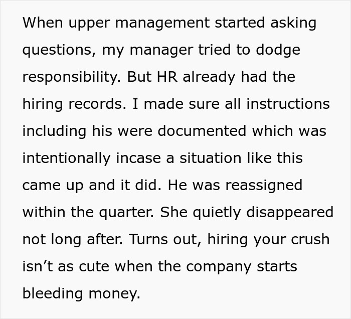 Text excerpt about a boss making employee hire his crush, leading to problems and financial losses for the company. Text excerpt about a boss making employee hire his crush, leading to problems and financial losses for the company.