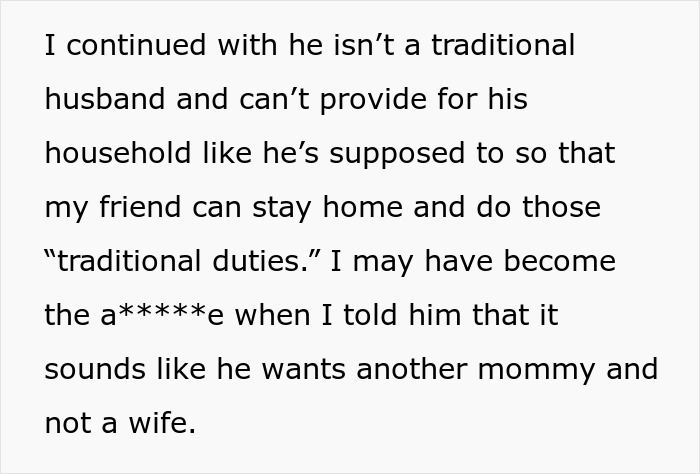 Text discussing a toxic man venting about traditional wives and his flawed logic on household roles.