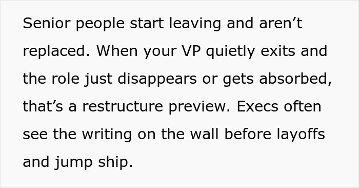 Alt text: Signs of job insecurity with senior leaders leaving and roles disappearing indicate subtle red flags in job safety. Alt text: Signs of job insecurity with senior leaders leaving and roles disappearing indicate subtle red flags in job safety.