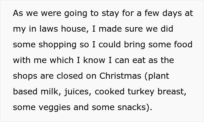 Text excerpt about bringing food to in-laws' house to accommodate picky eater with allergies during family visit.