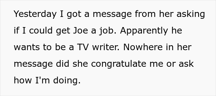 Text message about a TV writer seeking help to get a job and break into Hollywood after being ghosted by a bestie.