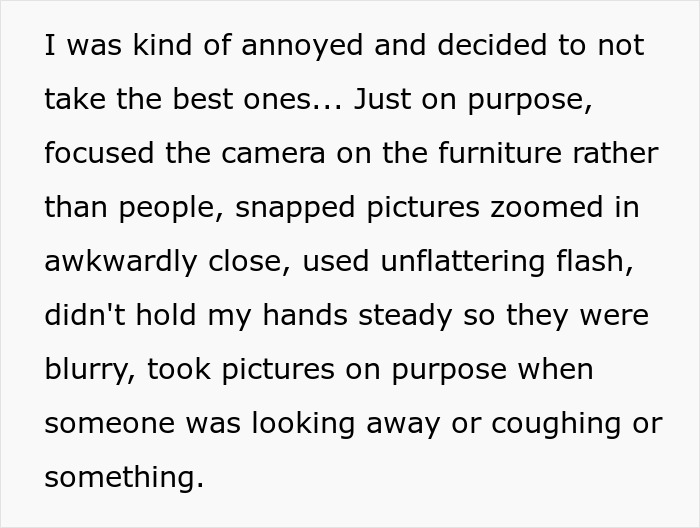 Text about woman taking horrible family pics out of annoyance after homophobic MIL excludes her, describing bad photo tactics.