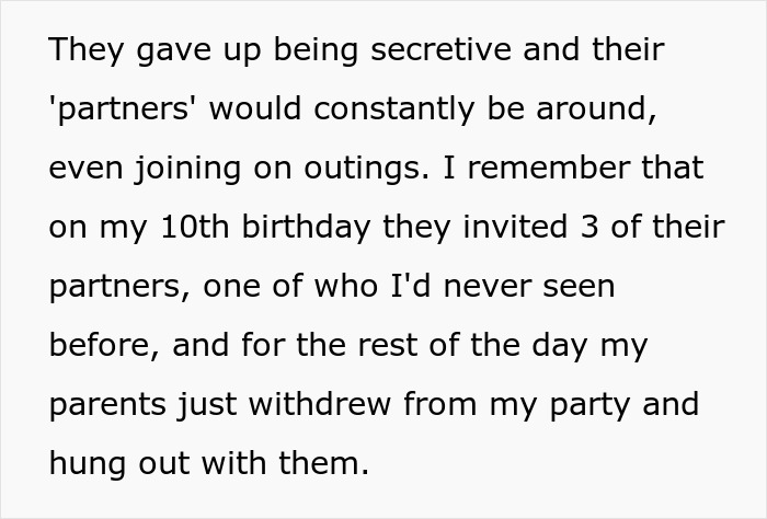 Child traumatized as parents favor their polyamorous partners, neglecting their needs during important moments like birthdays. Child traumatized as parents favor their polyamorous partners, neglecting their needs during important moments like birthdays.