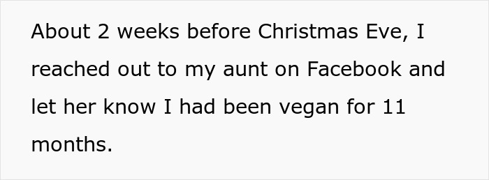 Text on a screen reading about reaching out to family on Facebook about being vegan before facing no vegan options Christmas Eve dinner.