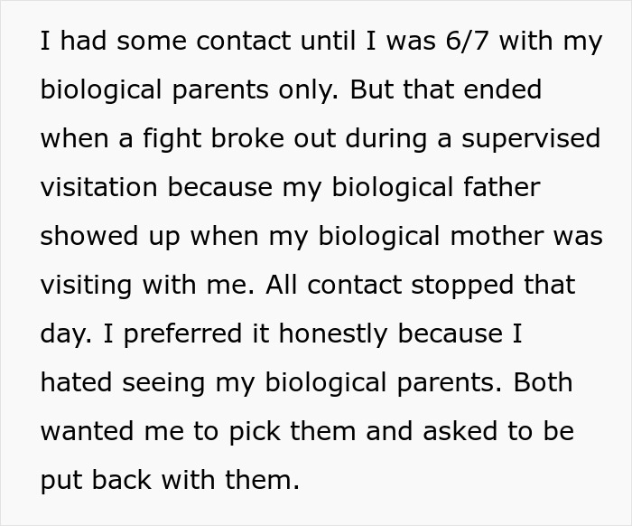 Refusing to establish relationship, child shares experience of stopped contact with biological father and mother after conflict.