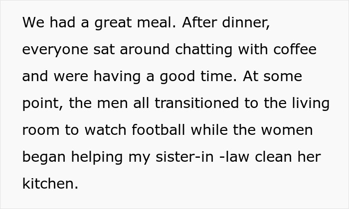 Text about men avoiding helping clean up after Thanksgiving meal, causing frustration when called out by wife.