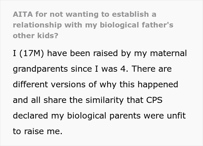 Text excerpt discussing refusing to establish relationship with father's kids, shared personal family background details.