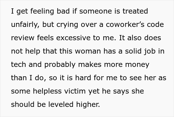 Man in tears over misogyny, female colleague faces unfair treatment, jealous girlfriend finds situation uncomfortable.