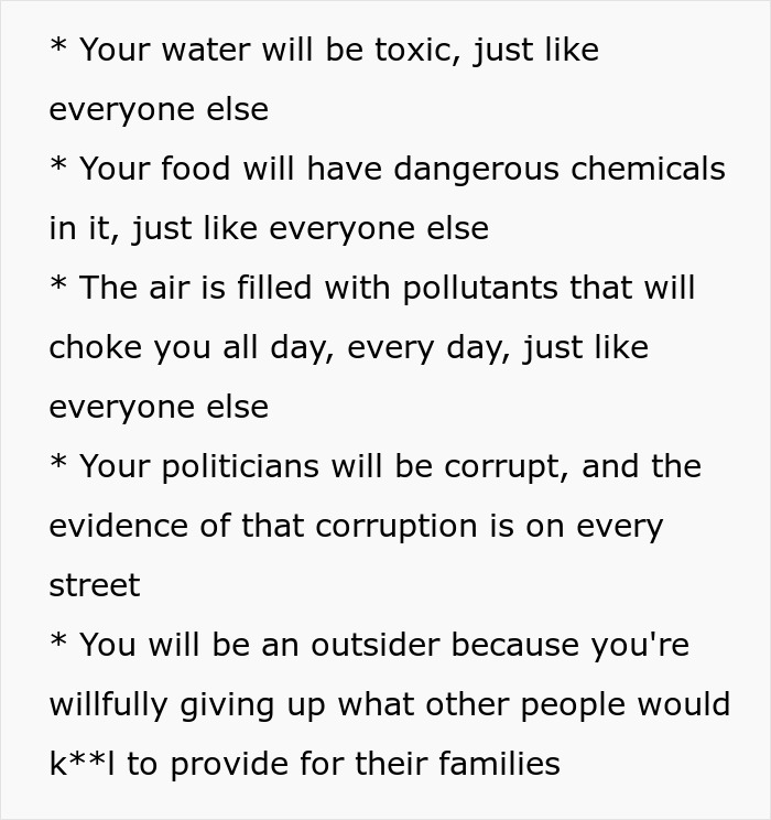 List describing disillusionment after a person moves to an African country seeking a more simple lifestyle.