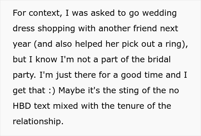 Text excerpt describing a painful friendship wake-up call during a wedding dress shopping trip. Text excerpt describing a painful friendship wake-up call during a wedding dress shopping trip.