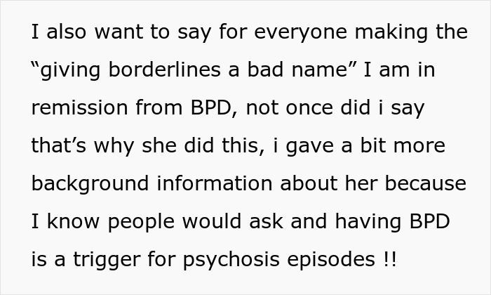 Comment screenshot about BPD remission defending a friend, mentions mentally unstable woman and psychosis triggers Comment screenshot about BPD remission defending a friend, mentions mentally unstable woman and psychosis triggers