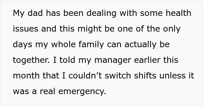 Text excerpt about woman believing she's entitled to a day off on Christmas due to kids and family health issues.