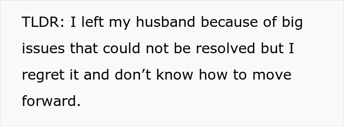 Alt text: Text showing a woman&rsquo;s regret after divorce and struggling to move forward from relationship issues.