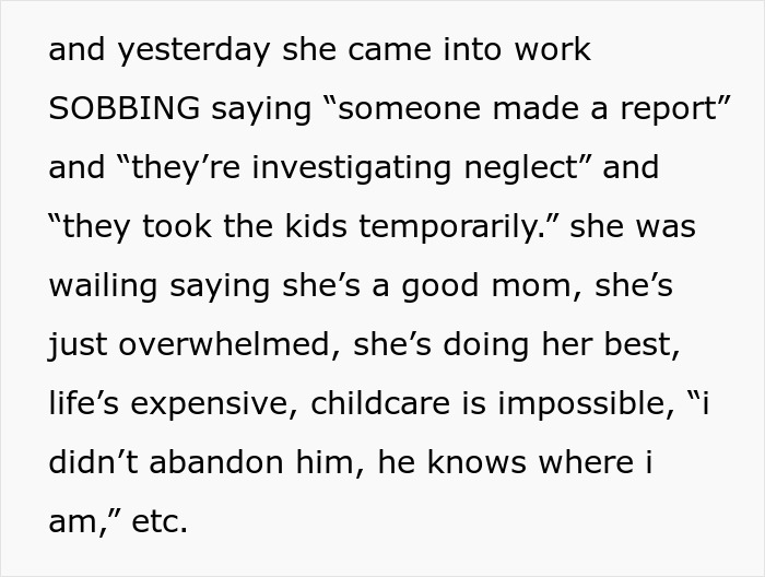 Woman feeling guilty after calling CPS about coworker’s 9-year-old child in neglect investigation at workplace.