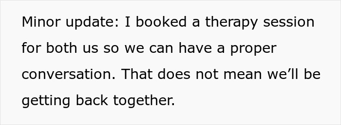 Text message update about booking therapy session to improve communication after breakup over closet door issue.