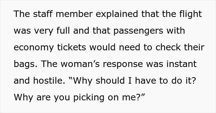 Airline worker explaining luggage policy to hostile British woman, who reacts angrily and causes distress.