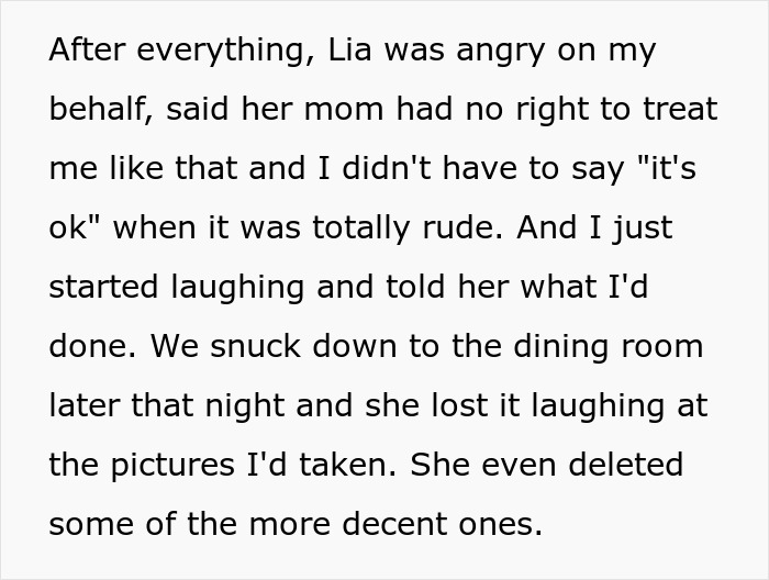 Text excerpt from a story about a woman taking horrible family pics after a homophobic MIL excluded her.