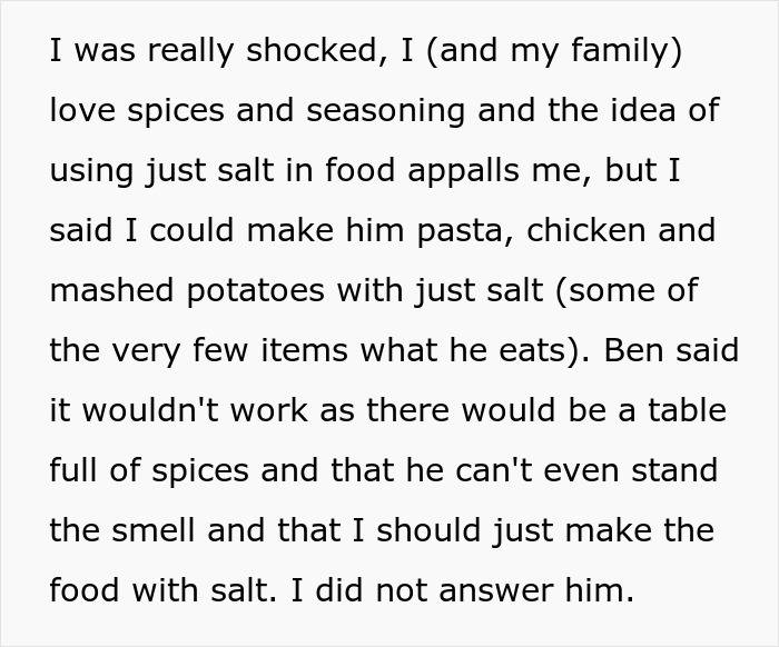 Text excerpt showing a picky eater demanding a simple salt-only menu, causing tension with brother&rsquo;s in-laws over Christmas food.