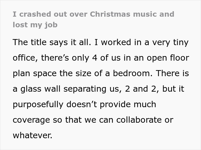 Man refuses to stop blasting Christmas music in small office causing coworker to freak out and quit in rage. Man refuses to stop blasting Christmas music in small office causing coworker to freak out and quit in rage.